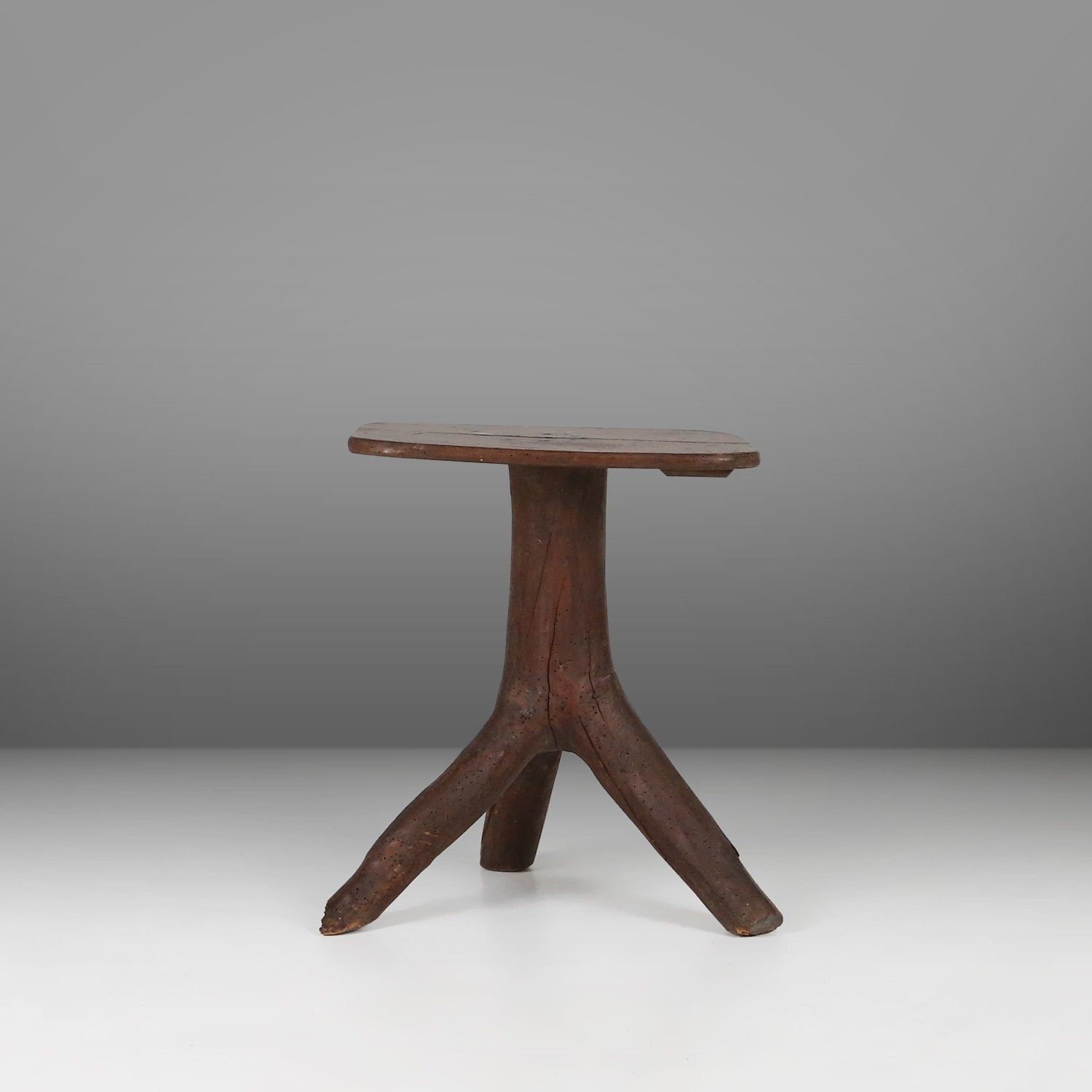 Rustic wooden stool with legs made of a tree branch, France, 1850-img